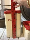 Vintage Metal Canister Set 3pc W  Red Lids Flour Tea Coffee White red