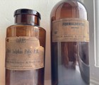Three Antique Amber Glass Apothecary Medicine Bottles   Labels  Stopper   Cork