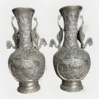 Pair Chinese Silver-plated Copper Dragon Vases  Phoenix Relief  Late Qing 19thc