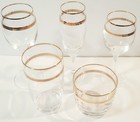Vintage Lot 5pc Bar Glass Set 22k Gold  New Unused  Wine Cocktail Highball Flute