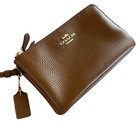 Coach 87590 Double Corner Zip Wristlet Wallet Dark Brown Pebbled Leather Gold