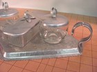 Vtg  Rodney Kent Hammered Aluminum Condiment Tray W  2 Glass Jars   Butter Dish