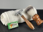 Wooden Synthetic Badger Brush   De Safety Razor   Towel Gift Wet Shaving Set New
