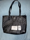 Coach Signature Tote Black gray Zip Closure Lined Inner Pockets Silver Hardware