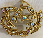 Vintage Mid Century Modern Brooch Gold   Ab Rhinestone Textured  Dimensional Mcm