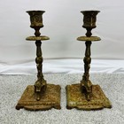 Pair Of Antique Brass Candlestick Holders Ornate Baroque Style Heavy Patina