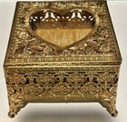 Vintage Matson 929 Heart Glass Jewelry Casket Gold Filigree Trinket Box Footed