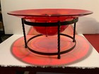 Ruby Red Glass Bowl Yellow Twisted Metal Stand Murano Style 20  Center Piece