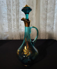 Elegant Vtg 1950 s Bohemian Crystal Aqua Teal Turquoise Blue Gold Decanter Set