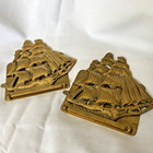 2 Vtg Solid Brass Sailing Ships Nautical Bookends Mcm Folding Style Schooners