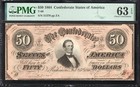 T-66 1864  50 Confederate Currency Pmg 63 Epq Civil War Fifty Dollar Bill 31370