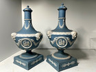 Late 19th C  Wedgwood Jasperware Blue Barber Bottle - Pair -muses - Rare - 11 5 