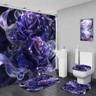 4 Pcs Purple Rose Shower Curtain Set Black With Toilet Lid Cover Bathroom Decor