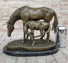Signed Original Miguel Lopez Mother  Mare Horse Bronze Sculpture Marble Statue
