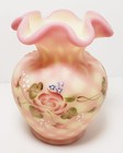 Fenton Burmese Satin Pink Glass Floral 4  Hand-painted Uranium Vase signed 