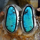 Heavy Navajo Turquoise Stud Earrings Shadowbox Set Large Stone Sterling Silver