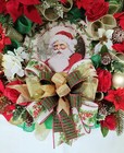 Old World Santa Claus Wreath Door Hanger Poinsettia Christmas Holiday Decoration