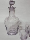 Vintage Decanter Set Purple Glass Etched Floral Design 3 Matching Shot Glasses 