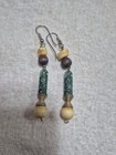 Vintage Boho Earrings - Carved Green Floral Cylinder Beads   Natural  Accents