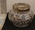 Antique Silver Scrolled Glass Vanity Jar Lidded With Silver Plated Tin
