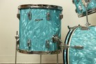 1960s Rogers Aqua Satin Flame Drum Set 14x18 14x14 And 8x12