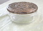 Antique Ornate Silvertone Glass Powder Jar Trinket Box 4    Vanity Decor
