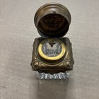 Antique Victorian Brass Cherub Hinged Top Inkwell Clear Glass Textural Base