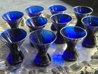Set Of 10 Vintage Cobalt Blue Cocktail Glasses Silver Bands Art Deco Barware