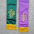 Unbranded Reversible Clergy Stole Green Purple Ihs Embroidery Gold Fringe Os
