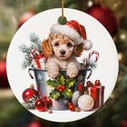 Cute Poodle In Bucket Ornament Dog With Santa Hat Ceramic Christmas Decoration