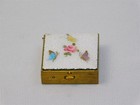 Vintage White Guilloche Enamel Flower Butterflies Brass Pill Box