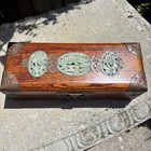 Vintage Chinese Jewelry Box Rosewood With Brass And Jade Design Red Silk Vgc   