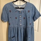Vintage 90s Sophia Rose Denim Midi Dress - Floral Embroidery   Pockets - Size 14