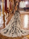 Black White Wedding Dress Long Sleeve A-line Lace Applique Backless Bridal Gowns