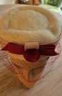 Women   s Pillbox Fascinator Headpiece Solid Ivory Felt Wool red Veil   Bow