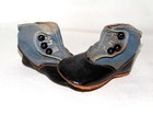 Antique Victorian Blue Fabric   Black Leather Side Button Baby Shoes Boots
