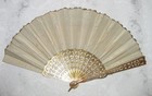 Antique Victorian Fan Black Chantilly Lace On Satin Gilt Wood Sticks C  1870