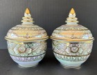 Thai Benjarong Porcelain 2 Small Jars With Stand Pattaya Handpainted 18k Gold