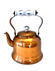 Vintage Copper Tea Kettle With Blue   Wht Handle And Knob  Nickle Interior