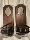 Vintage Pair Of Solid Wood Railed Shelf Wall Decor With Oval Mirrors Cottagecore