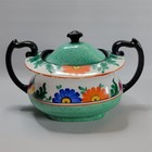 Czech Ceramic Green White Hand Painted Flower Tea Coffee Sugar Pot Vintage