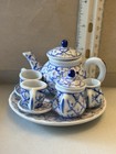 Vintage Cobalt Blue  white Porcelain Floral Miniature Tea Set