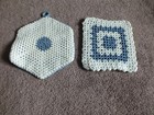 Collectible Handmade Crochet Potholder Trivet Set 2 Blue Off White 5 5   6 5 