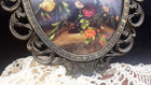 Vintage Floral Oval Ornate Victorian Metal Frame Bubble Convex Glass Italy 10x 7