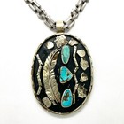 Vtg Native American Style Turquoise black On Silver Tone Metal Pendant Necklace