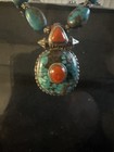Turquoise Coral Statement Southwestern Sterling Silver Necklace 