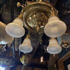 Handsome Vintage 4 Light Embossed Btass Chandelier W Old Shades