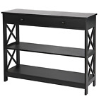 Black Finish 3-tier Console End Narrow Table With Shelves 2 Drawers For Entry