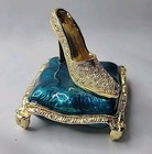Vintage Trinket jewelry Box Gold Rhinestone High Heel Teal Blue Enameled Cushion