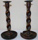 Antique Primitive Set 2 English Oak Wood Barley Twist Candlestick Metal Cups